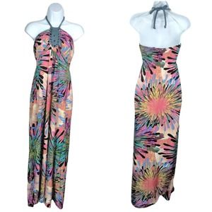 646 MAIN Women's Maxi Dress Vibrant Rainbow Splash Print Boho Multicolor Size M
